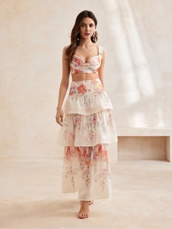 Anewsta Dresses & Skirts - Anewsta Tiered Floral Maxi Skirt in Soft Ivory and Pink
